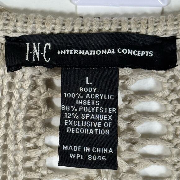 INC Fringe Cardigan Sweater Women’s LARGE Tan Beige Open Knit Boho Western - Picture 3 of 8